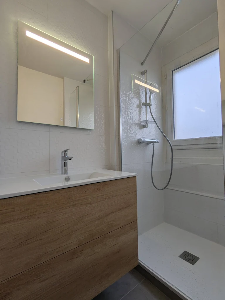 Rénovation salle de bain à Basse-Goulaine — douche, faïence, meuble vasque bois et miroir LED